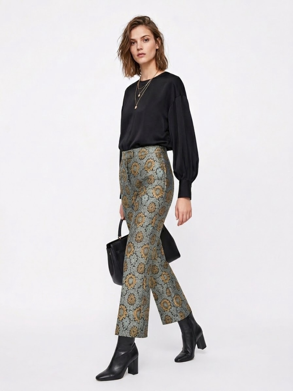 ZARA WOMAN $80 W16” R9” I2 Floral Jacquard Brocade Cropped Trousers